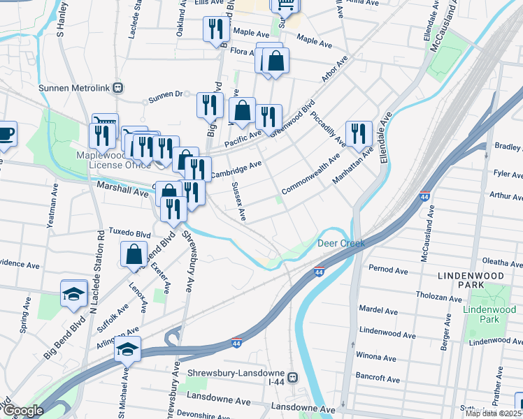 map of restaurants, bars, coffee shops, grocery stores, and more near 3622 Manhattan Avenue in Maplewood