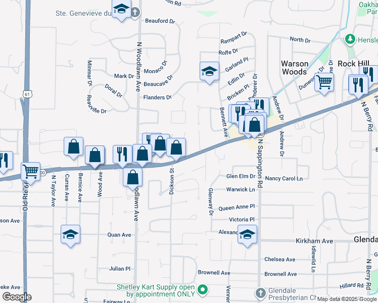 map of restaurants, bars, coffee shops, grocery stores, and more near 10160 Manchester Road in Kirkwood