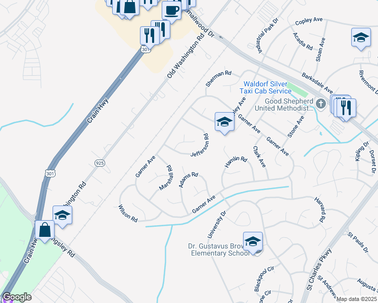 map of restaurants, bars, coffee shops, grocery stores, and more near 114 Jefferson Road in Waldorf