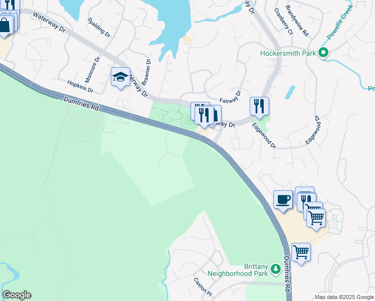 map of restaurants, bars, coffee shops, grocery stores, and more near 16228 Dumfries Road in Dumfries