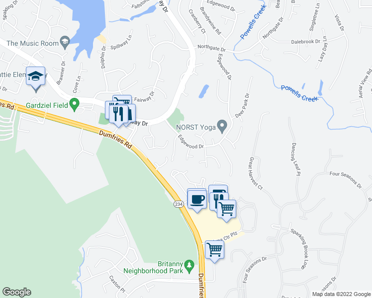 map of restaurants, bars, coffee shops, grocery stores, and more near 16215 Edgewood Drive in Dumfries