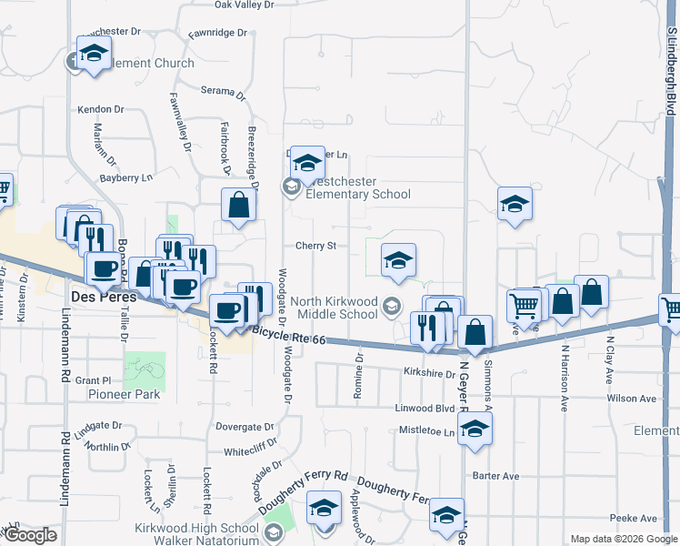 map of restaurants, bars, coffee shops, grocery stores, and more near 1245 Ruth Drive in Kirkwood