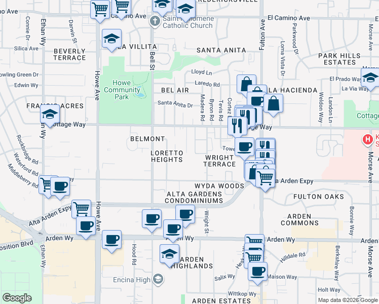 map of restaurants, bars, coffee shops, grocery stores, and more near 2011 Wright Street in Sacramento