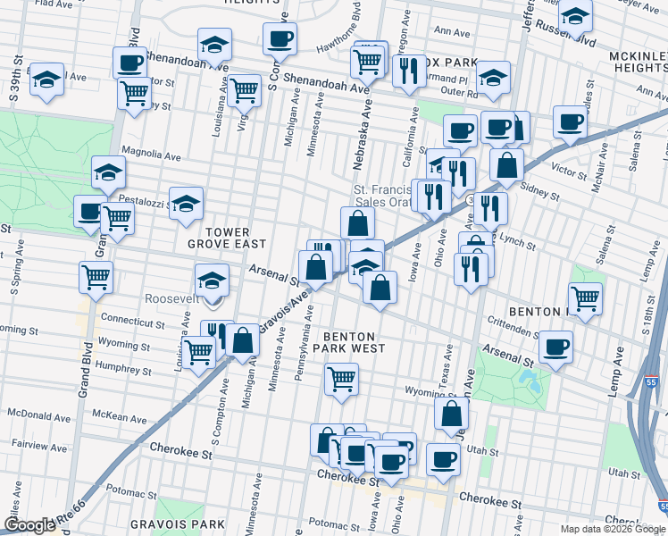 map of restaurants, bars, coffee shops, grocery stores, and more near 2915 Nebraska Avenue in St. Louis