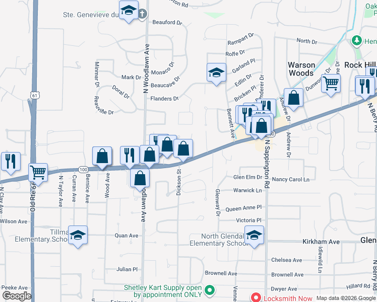 map of restaurants, bars, coffee shops, grocery stores, and more near 1191 Mariedale Court in Kirkwood