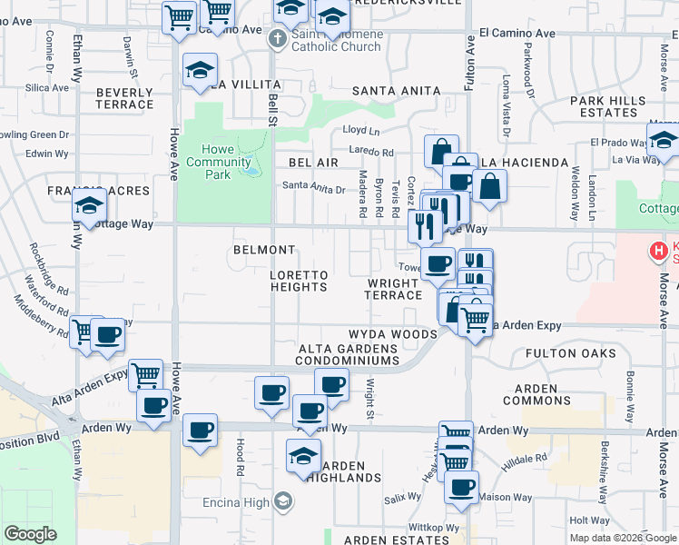 map of restaurants, bars, coffee shops, grocery stores, and more near 2011 Wright Street in Sacramento