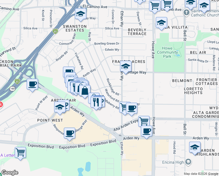 map of restaurants, bars, coffee shops, grocery stores, and more near 2005 Rockbridge Road in Sacramento