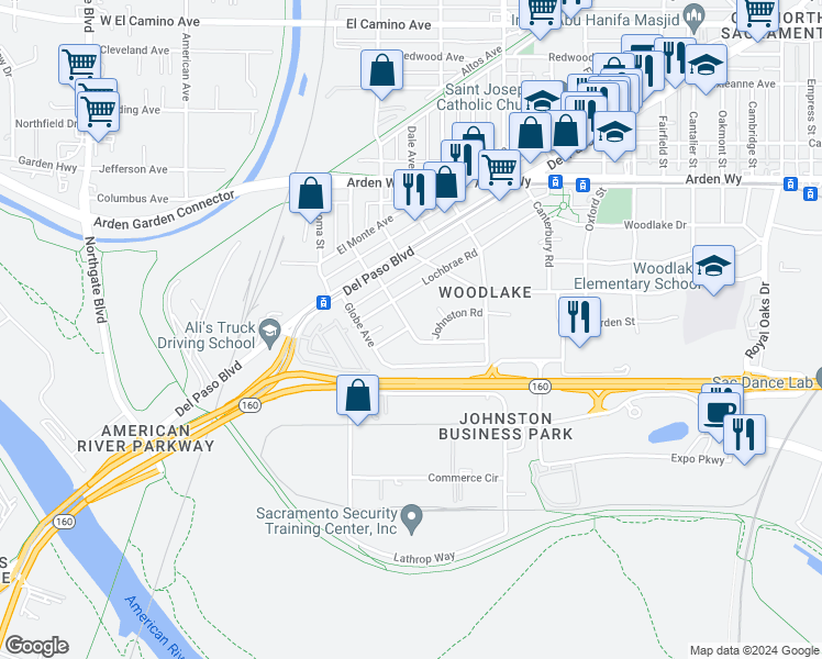 map of restaurants, bars, coffee shops, grocery stores, and more near 171 Lightner Court in Sacramento