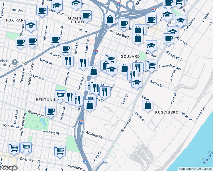 map of restaurants, bars, coffee shops, grocery stores, and more near 2512 South 12th Street in St. Louis