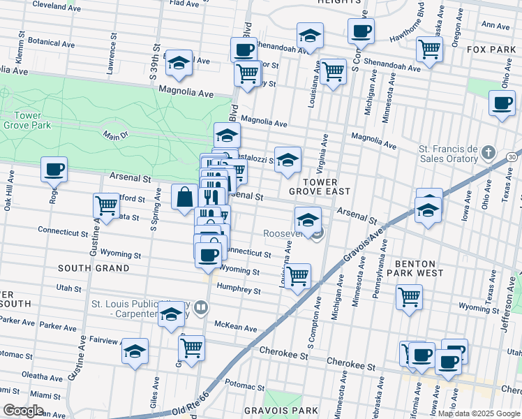 map of restaurants, bars, coffee shops, grocery stores, and more near 3501 Arsenal Street in St. Louis