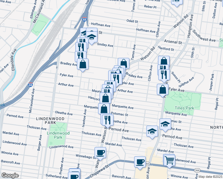 map of restaurants, bars, coffee shops, grocery stores, and more near 6524 Fyler Avenue in St. Louis