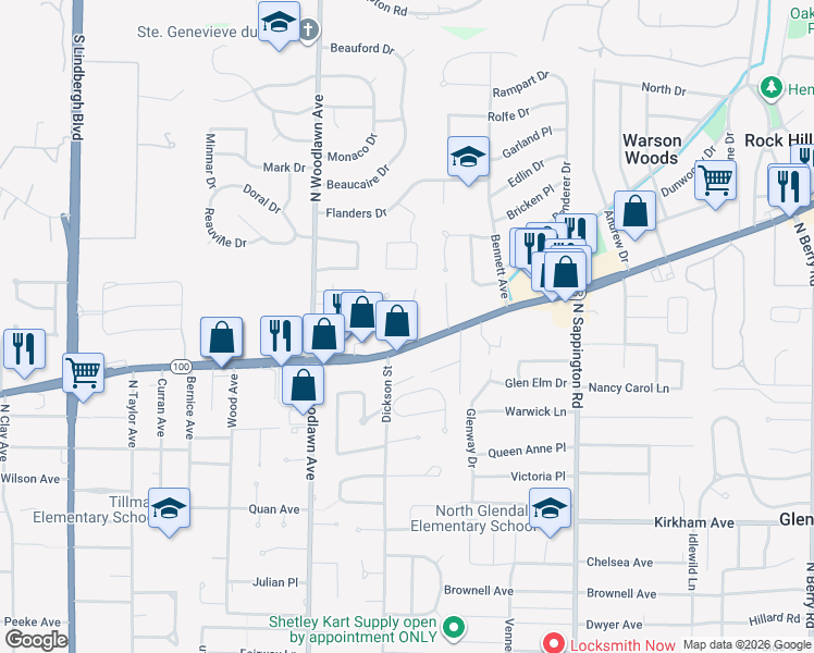map of restaurants, bars, coffee shops, grocery stores, and more near 1191 Mariedale Court in Kirkwood