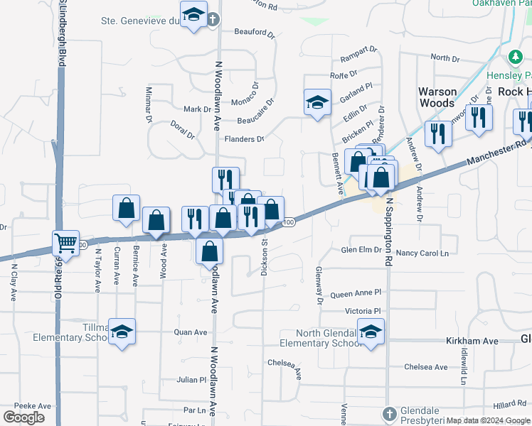 map of restaurants, bars, coffee shops, grocery stores, and more near 1152 Ascot Lane in Kirkwood