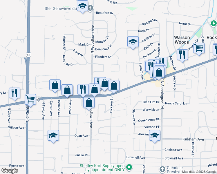 map of restaurants, bars, coffee shops, grocery stores, and more near 1152 Ascot Lane in Kirkwood
