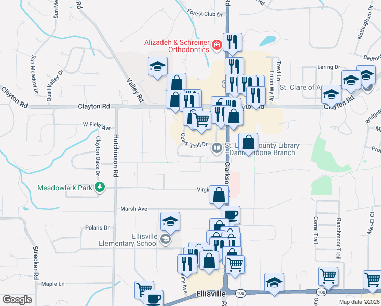 map of restaurants, bars, coffee shops, grocery stores, and more near 1395 Kensington Way Drive in Ellisville