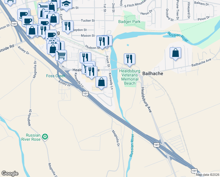 map of restaurants, bars, coffee shops, grocery stores, and more near 130 Kennedy Lane in Healdsburg