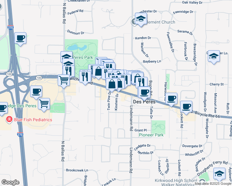 map of restaurants, bars, coffee shops, grocery stores, and more near 12015 Manchester Road in Des Peres