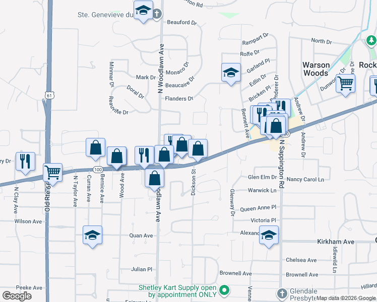 map of restaurants, bars, coffee shops, grocery stores, and more near 516 Mariedale Drive in Saint Louis