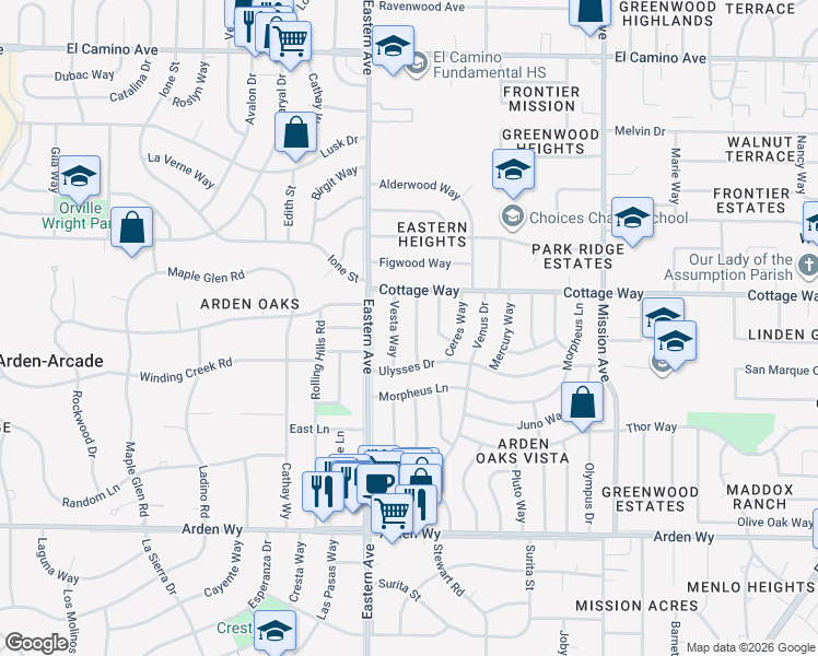 map of restaurants, bars, coffee shops, grocery stores, and more near 2045 Vesta Way in Sacramento