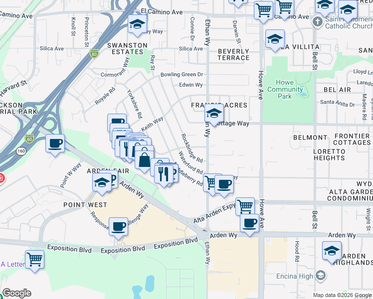 map of restaurants, bars, coffee shops, grocery stores, and more near 2005 Rockbridge Road in Sacramento