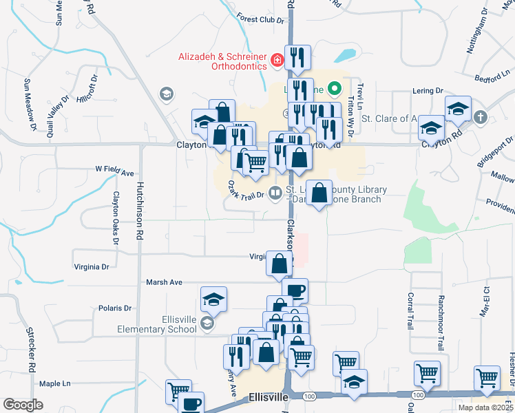 map of restaurants, bars, coffee shops, grocery stores, and more near 1396 Ozark Trail Drive in Ballwin