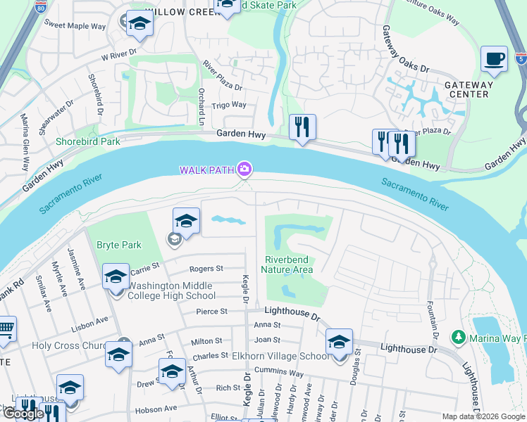 map of restaurants, bars, coffee shops, grocery stores, and more near 990 Fountain Drive in West Sacramento