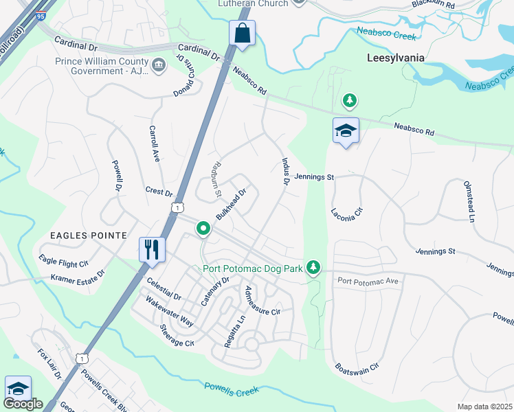 map of restaurants, bars, coffee shops, grocery stores, and more near 2620 Cast Off Loop in Woodbridge