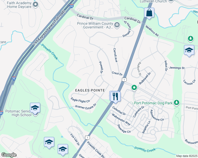 map of restaurants, bars, coffee shops, grocery stores, and more near 16147 Eagle Beak Circle in Woodbridge