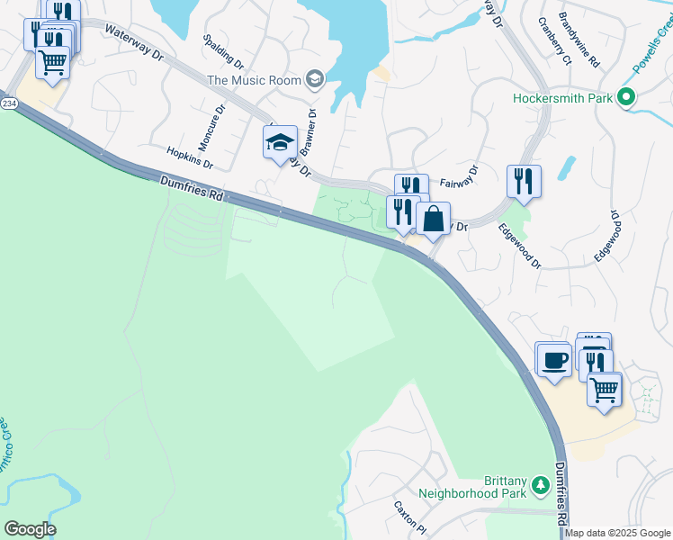 map of restaurants, bars, coffee shops, grocery stores, and more near 16220 Dumfries Road in Dumfries