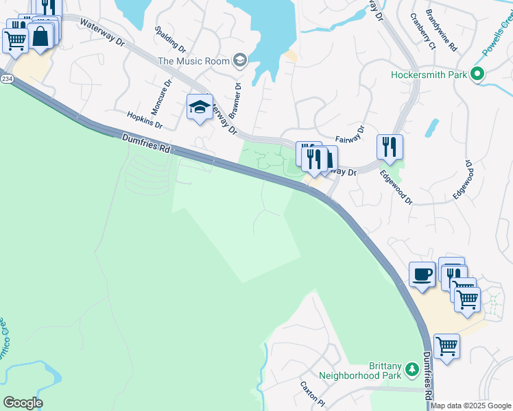 map of restaurants, bars, coffee shops, grocery stores, and more near 16220 Dumfries Road in Dumfries