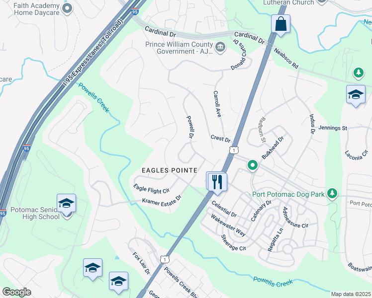 map of restaurants, bars, coffee shops, grocery stores, and more near 16147 Eagle Beak Circle in Woodbridge