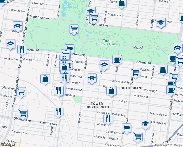 map of restaurants, bars, coffee shops, grocery stores, and more near 4127 Juniata Street in St. Louis