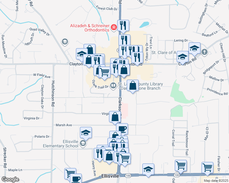 map of restaurants, bars, coffee shops, grocery stores, and more near 300 Clarkson Road in Ballwin