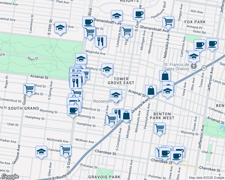 map of restaurants, bars, coffee shops, grocery stores, and more near 3320 Arsenal Street in St. Louis