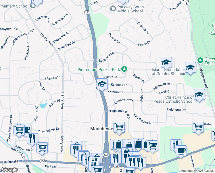 map of restaurants, bars, coffee shops, grocery stores, and more near 1004 Savoy Lane in Ballwin