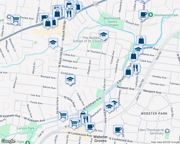 map of restaurants, bars, coffee shops, grocery stores, and more near 126 Madison Avenue in Webster Groves