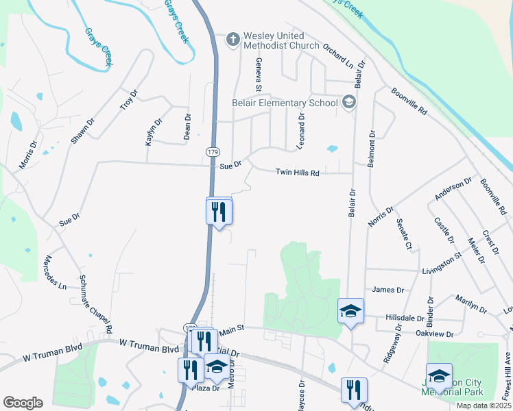 map of restaurants, bars, coffee shops, grocery stores, and more near 2700 Cherry Creek Court in Jefferson City