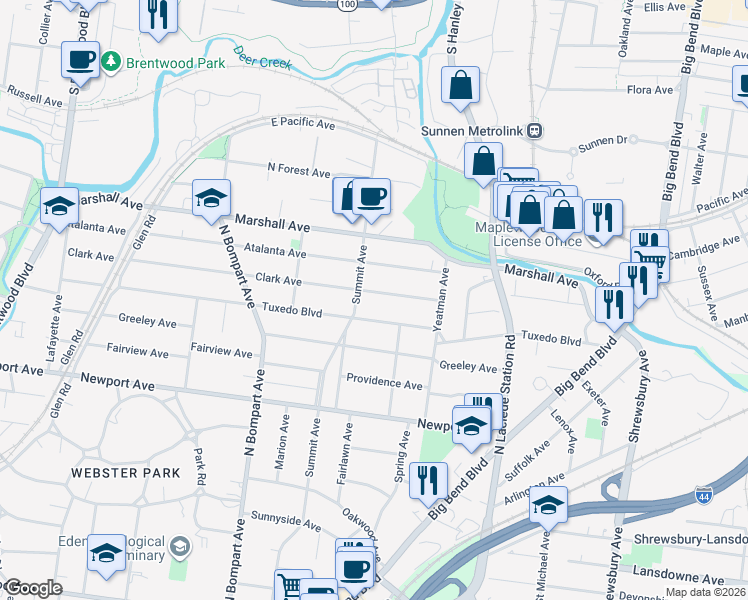 map of restaurants, bars, coffee shops, grocery stores, and more near 803 Clark Avenue in Webster Groves
