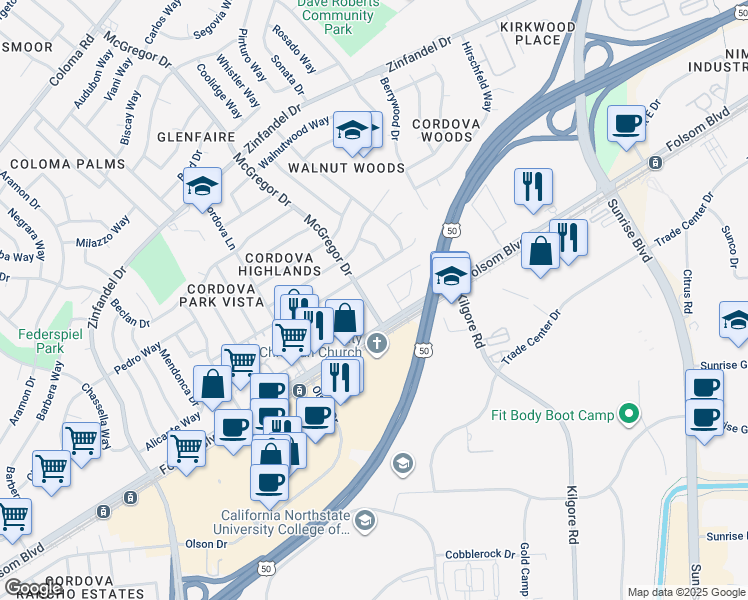 map of restaurants, bars, coffee shops, grocery stores, and more near 10904 Scotsman Way in Rancho Cordova