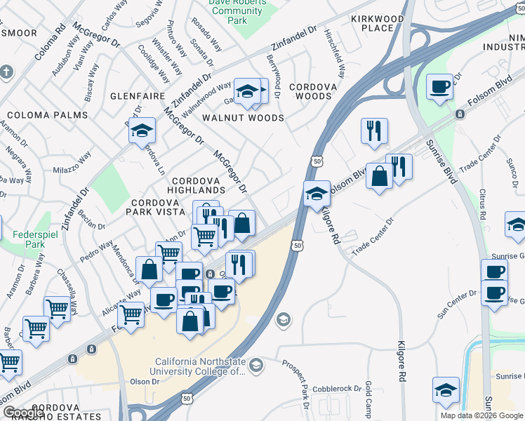 map of restaurants, bars, coffee shops, grocery stores, and more near 10904 Scotsman Way in Rancho Cordova
