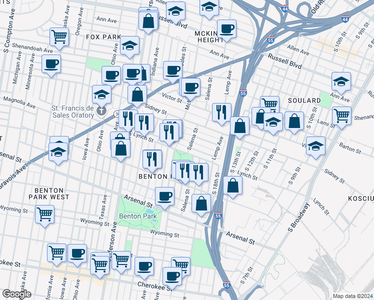 map of restaurants, bars, coffee shops, grocery stores, and more near 2021 Congress Street in St. Louis