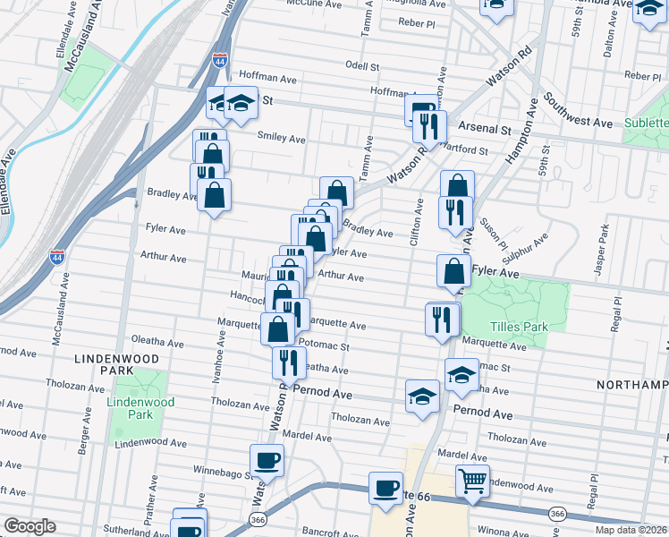 map of restaurants, bars, coffee shops, grocery stores, and more near in St. Louis