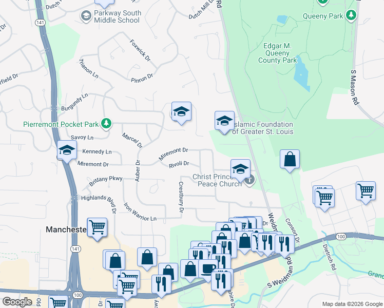 map of restaurants, bars, coffee shops, grocery stores, and more near 1215 Miremont Drive in Ballwin
