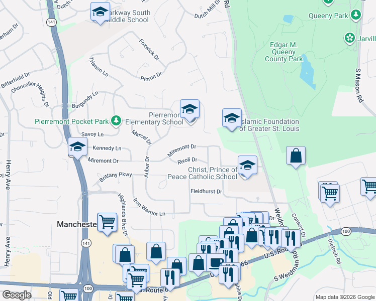 map of restaurants, bars, coffee shops, grocery stores, and more near 1215 Miremont Drive in Ballwin