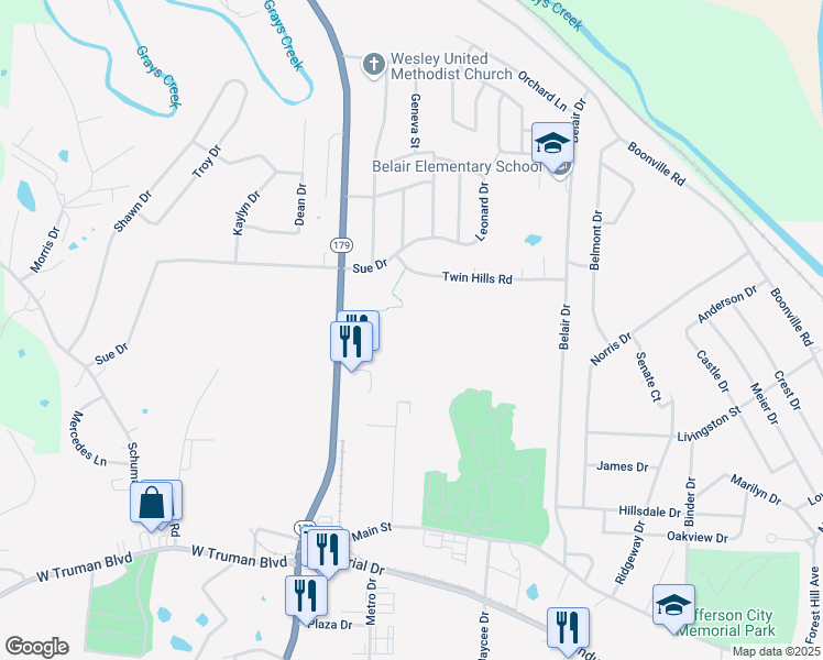 map of restaurants, bars, coffee shops, grocery stores, and more near 2700 Cherry Creek Court in Jefferson City