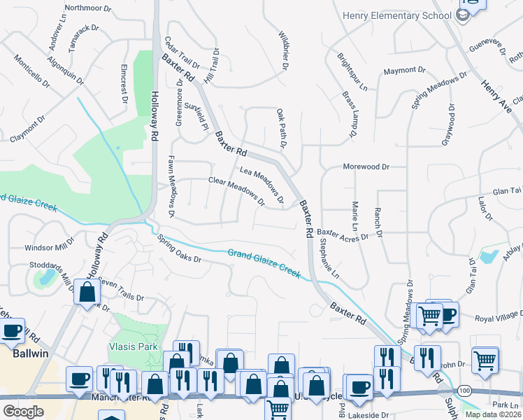 map of restaurants, bars, coffee shops, grocery stores, and more near 120 Clear Meadows Drive in Ballwin
