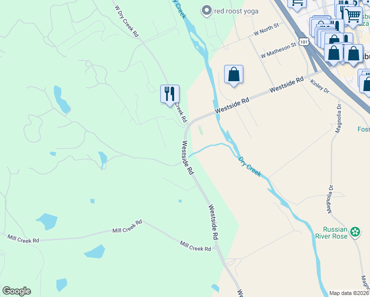 map of restaurants, bars, coffee shops, grocery stores, and more near 1029 Westside Road in Healdsburg