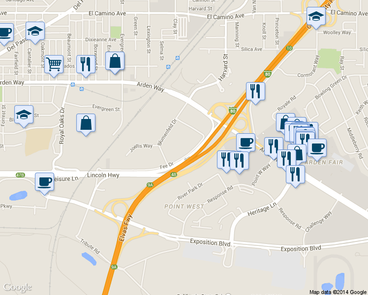 map of restaurants, bars, coffee shops, grocery stores, and more near 1235 Fee Dr in Sacramento