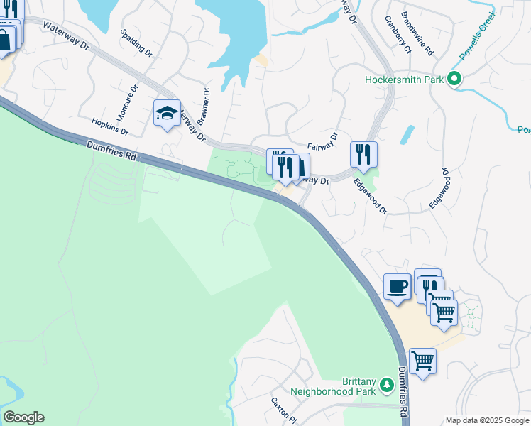 map of restaurants, bars, coffee shops, grocery stores, and more near 16228 Dumfries Road in Dumfries