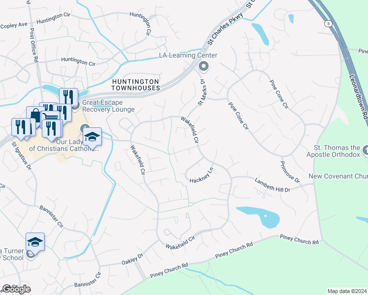 map of restaurants, bars, coffee shops, grocery stores, and more near 2127 Fairchild Court in Waldorf